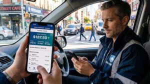 Close-up of a delivery driver checking earnings on a rideshare app. best apps to make extra money