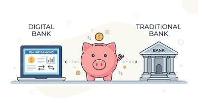 Digital bank versus traditional bank comparison illustration. digital banks vs traditional banks