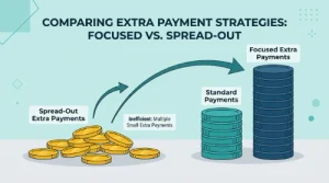 Flat vector illustration comparing scattered extra payments to one focused, taller stack of coins.