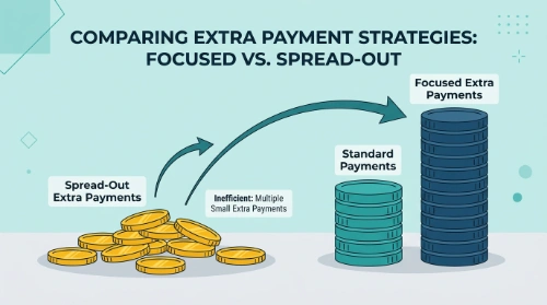 Flat vector illustration comparing scattered extra payments to one focused, taller stack of coins.