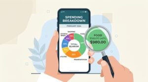 Flat vector illustration of a wallet next to a spending trend graph