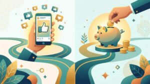 Flat vector illustration representing the choice between social comparison and personal saving goals.