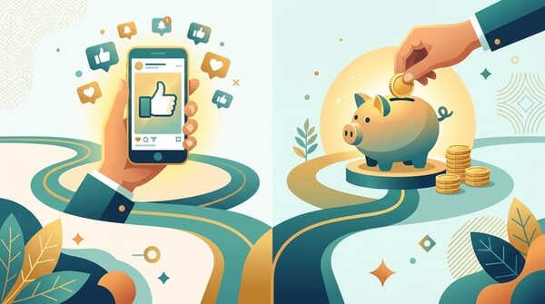 Flat vector illustration representing the choice between social comparison and personal saving goals.