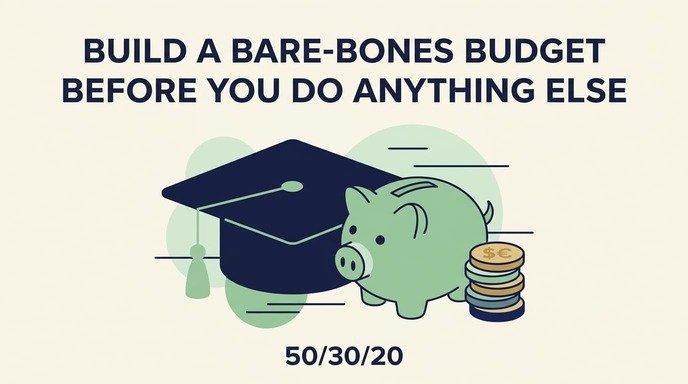 Graduation cap next to a piggy bank representing a first budget after college. financial guide for recent college graduates