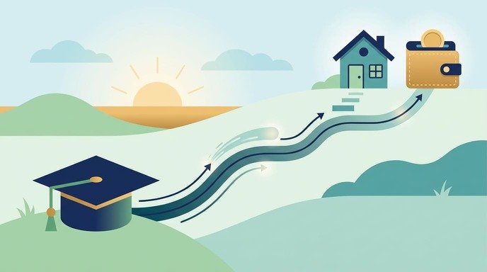Illustrated path from graduation to financial stability.