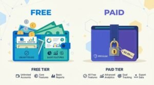 Illustration comparing a free wallet and a paid wallet representing budgeting app tiers, best budgeting apps compared