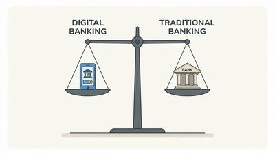 Illustration comparing digital banking and traditional banking on a balance scale. digital banks vs traditional banks