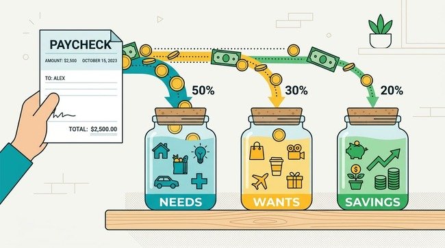 Illustration of a paycheck divided into needs, wants, and savings jars, money tips for your first full-time job