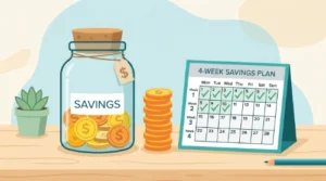 Illustration of a savings jar and calendar representing a 30-day savings challenge, 30-day money saving challenge