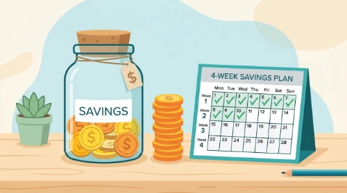 Illustration of a savings jar and calendar representing a 30-day savings challenge, 30-day money saving challenge