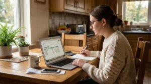 Person reviewing monthly budget categories on a laptop at a kitchen table, zero-based budgeting