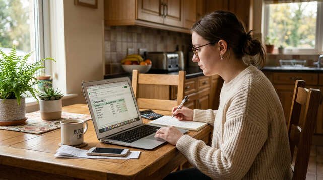 Person reviewing monthly budget categories on a laptop at a kitchen table, zero-based budgeting
