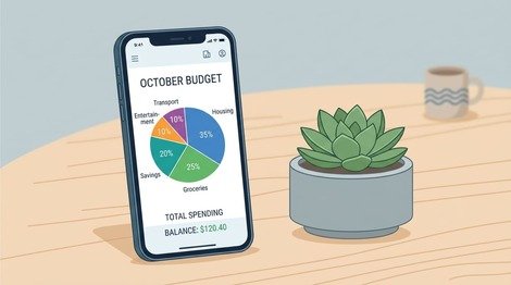 Smartphone showing a budgeting app pie chart in flat illustration style, best budgeting apps compared