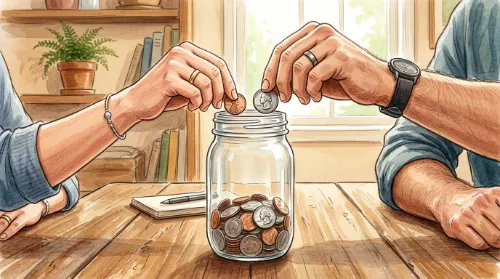 Two hands placing coins into a shared savings jar illustration, How Couples Can Combine Finances Without Fighting