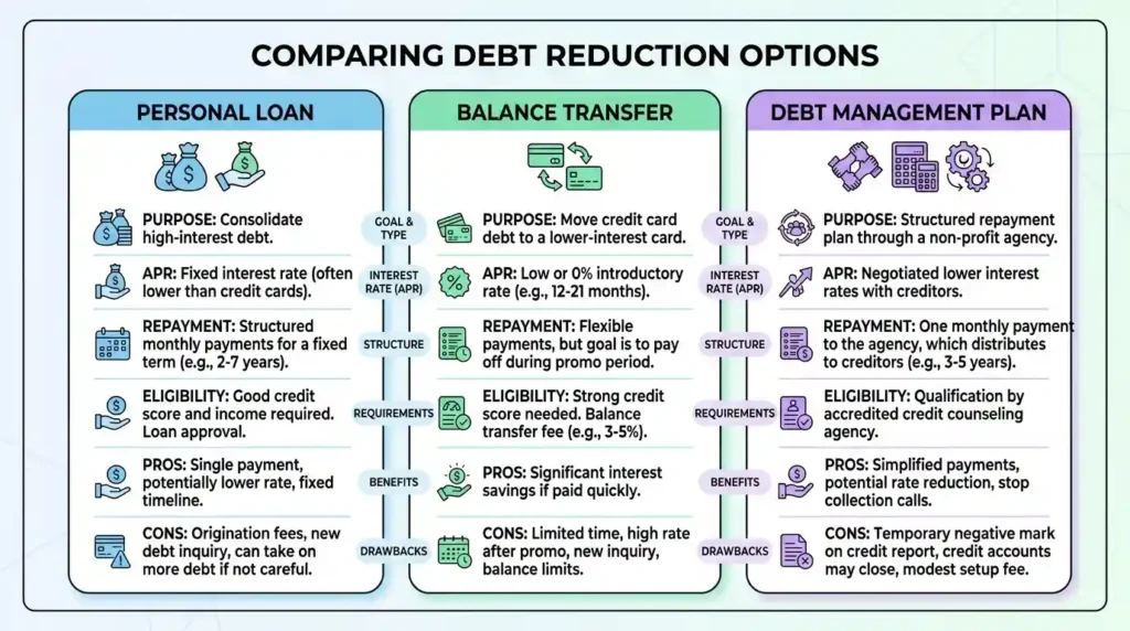 Simple diagram comparing personal loan, balance transfer, and debt management plan options