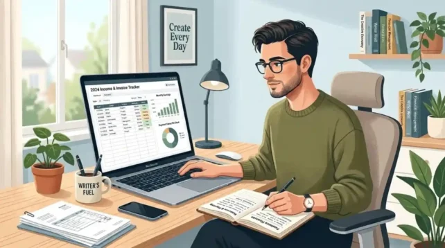 Person writing on a laptop at a home desk, notebook and coffee beside them