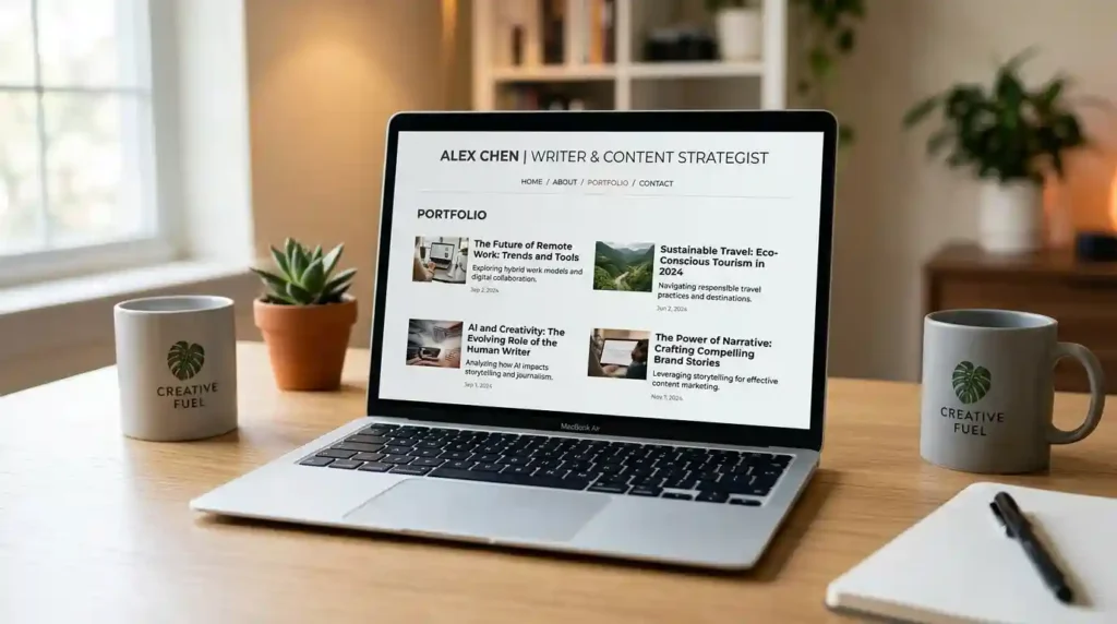 Simple writing portfolio displayed on a laptop screen with sample article titles