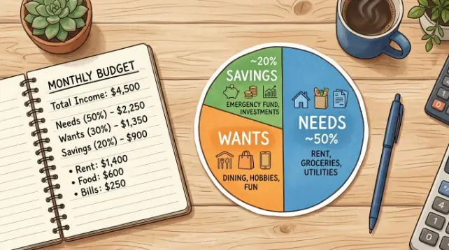 Visual breakdown of the 503020 budget rule categories, 50/30/20 budget rule