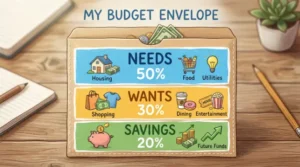 Visual breakdown of the 503020 budget rule categories, 50/30/20 budget rule