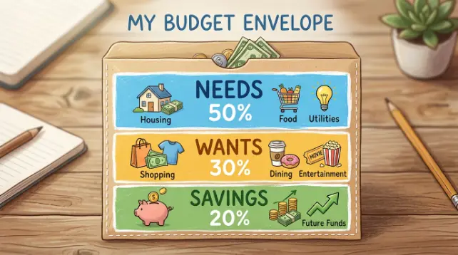 Visual breakdown of the 503020 budget rule categories, 50/30/20 budget rule