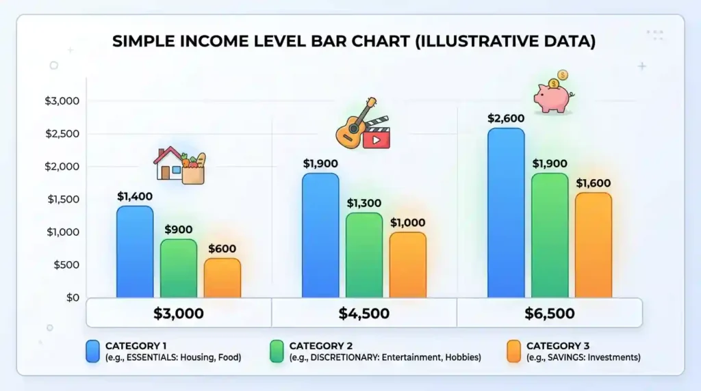 Bar chart comparing 503020 budget examples at different income levels