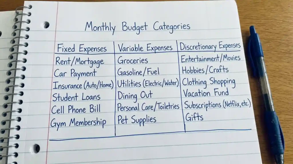 Hand-written budget categories organized into fixed, variable, and discretionary expenses