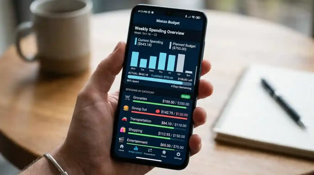 Close-up of a budgeting app showing weekly spending compared to planned amounts