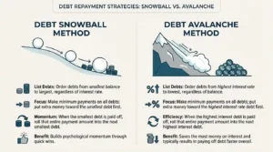 debt snowball vs debt avalanche, Side-by-side visual comparing the debt snowball and debt avalanche payoff methods
