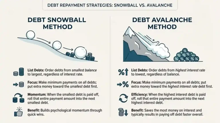 debt snowball vs debt avalanche, Side-by-side visual comparing the debt snowball and debt avalanche payoff methods