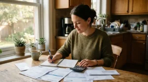 Person writing out a debt payoff plan at a table with bills and a calculator