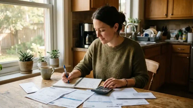 Person writing out a debt payoff plan at a table with bills and a calculator
