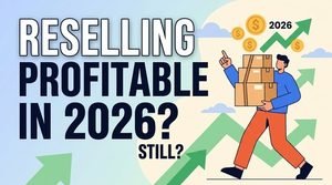 Minimalist illustration representing online reselling and secondhand marketplace profit in 2026