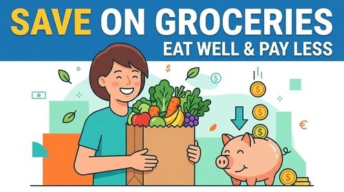 Minimalist illustration representing saving money on groceries