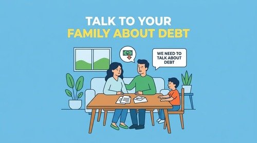 people having a calm conversation about money at a kitchen table